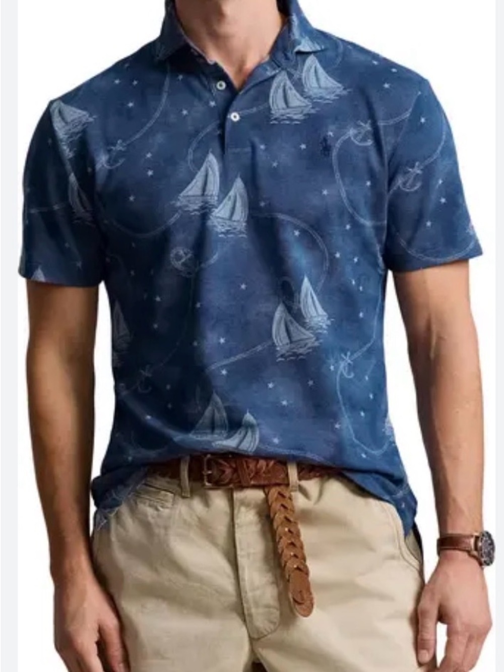 NWT Polo Ralph Lauren Indigo Sailboat Polo Shirt Printed Mesh Custom Slim Fit